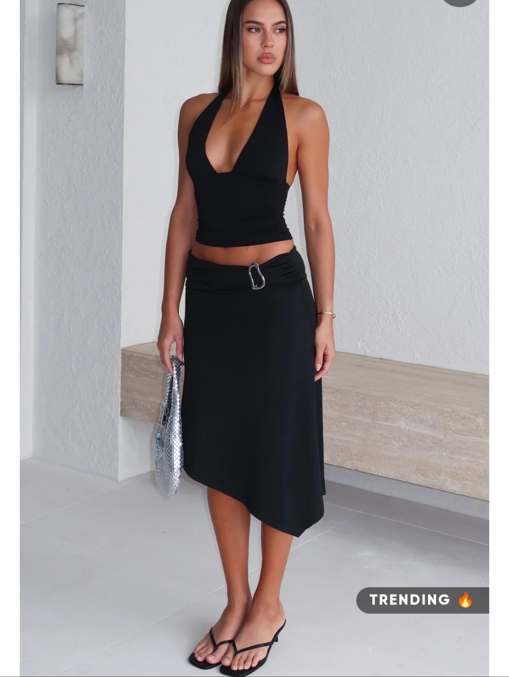 White Fox Black Asymmetric Midi Skirt - Sleek Women's Skirt